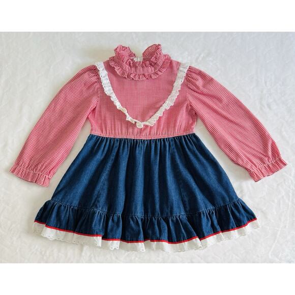 VTG Youngland Saks Fifth Avenue Girls Size 6 Denim Gingham Eyelet Dress Prairie - Picture 1 of 9